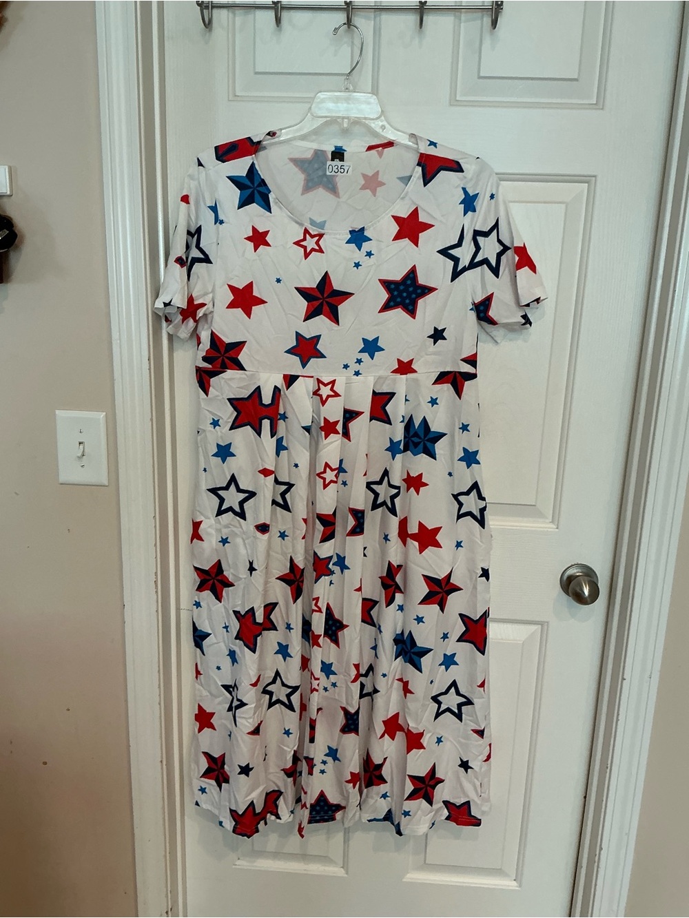 Kids Star-Print Short Sleeve Pajama Dress - White with Red & Blue Stars